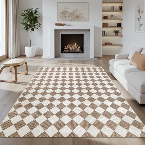Waschbarer, brauner karierter Teppich, 12,7 x 17,8 cm, rutschfester Niederflor-Teppich für Wohnzimmer, Schlafzimmer, Kinderzimmer, moderner neutraler Bauernhaus-Diamant-Teppich, haustier- und Waschbarer, brauner karierter Teppich, 12,7 x 17,8 cm, rutschfester Niederflor-Teppich für Wohnzimmer, Schlafzimmer, Kinderzimmer, moderner neutraler Bauernhaus-Diamant-Teppich, haustier- und von Kiginara