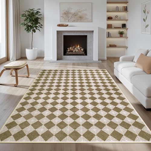 Waschbarer, brauner karierter Teppich, 12,7 x 17,8 cm, rutschfester Niederflor-Teppich für Wohnzimmer, Schlafzimmer, Kinderzimmer, moderner neutraler Bauernhaus-Diamant-Teppich, haustier- und Waschbarer, brauner karierter Teppich, 12,7 x 17,8 cm, rutschfester Niederflor-Teppich für Wohnzimmer, Schlafzimmer, Kinderzimmer, moderner neutraler Bauernhaus-Diamant-Teppich, haustier- und von Kiginara