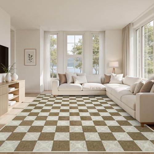 Waschbarer, brauner karierter Teppich, 20,3 x 25,4 cm, rutschfester Niederflor-Teppich für Wohnzimmer, Schlafzimmer, Kinderzimmer, modern, neutral, Bauernhaus, Schachbrett-Teppich, Haustier- und Waschbarer, brauner karierter Teppich, 20,3 x 25,4 cm, rutschfester Niederflor-Teppich für Wohnzimmer, Schlafzimmer, Kinderzimmer, modern, neutral, Bauernhaus, Schachbrett-Teppich, Haustier- und von Kiginara