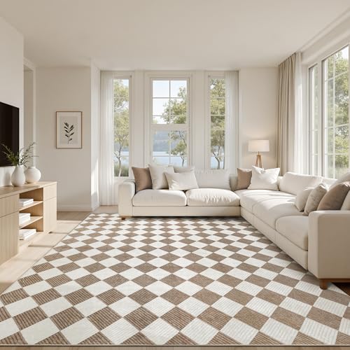 Waschbarer, brauner karierter Teppich, 20,3 x 25,4 cm, rutschfester Niederflor-Teppich für Wohnzimmer, Schlafzimmer, Kinderzimmer, modern, neutraler Bauernhaus-Diamant-Teppich, haustier- und Waschbarer, brauner karierter Teppich, 20,3 x 25,4 cm, rutschfester Niederflor-Teppich für Wohnzimmer, Schlafzimmer, Kinderzimmer, modern, neutraler Bauernhaus-Diamant-Teppich, haustier- und von Kiginara