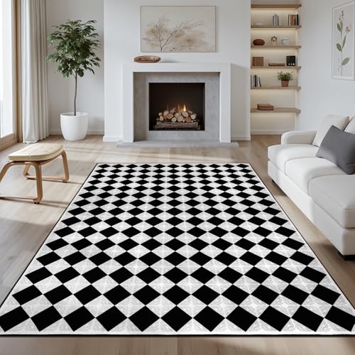 Waschbarer, schwarzer, karierter Teppich, 12,7 x 17,8 cm, rutschfester Niederflor-Teppich für Wohnzimmer, Schlafzimmer, Kinderzimmer, moderner neutraler Bauernhaus-Diamant-Teppich, haustier- und Waschbarer, schwarzer, karierter Teppich, 12,7 x 17,8 cm, rutschfester Niederflor-Teppich für Wohnzimmer, Schlafzimmer, Kinderzimmer, moderner neutraler Bauernhaus-Diamant-Teppich, haustier- und von Kiginara