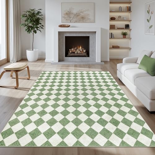 Waschbarer Teppich mit grünem Karo, 12,7 x 17,8 cm, rutschfester Niederflor-Teppich für Wohnzimmer, Schlafzimmer, Kinderzimmer, modern, neutraler Bauernhaus-Diamant-Teppich, haustier- und Waschbarer Teppich mit grünem Karo, 12,7 x 17,8 cm, rutschfester Niederflor-Teppich für Wohnzimmer, Schlafzimmer, Kinderzimmer, modern, neutraler Bauernhaus-Diamant-Teppich, haustier- und von Kiginara