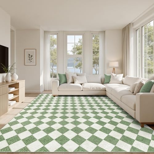 Waschbarer Teppich mit grünem Karomuster, rutschfest, niedriger Flor, für Wohnzimmer, Schlafzimmer, Kinderzimmer, modern, neutraler Bauernhaus-Diamant-Teppich, haustier- und kinderfreundlich, 20,3 x Waschbarer Teppich mit grünem Karomuster, rutschfest, niedriger Flor, für Wohnzimmer, Schlafzimmer, Kinderzimmer, modern, neutraler Bauernhaus-Diamant-Teppich, haustier- und kinderfreundlich, 20,3 x von Kiginara