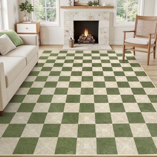 Waschbarer grün-karierter Teppich, 20,3 x 25,4 cm, rutschfester Niederflor-Teppich für Wohnzimmer, Schlafzimmer, Kinderzimmer, moderner neutraler Bauernhaus-Schachbrett-Teppich, haustier- und Waschbarer grün-karierter Teppich, 20,3 x 25,4 cm, rutschfester Niederflor-Teppich für Wohnzimmer, Schlafzimmer, Kinderzimmer, moderner neutraler Bauernhaus-Schachbrett-Teppich, haustier- und von Kiginara