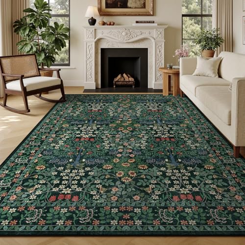 Wohnzimmerteppich, Blumenmuster, Vintage, Wald, waschbar, niedriger Flor, rutschfest, schmutzabweisend, Boho, weich, groß, für Schlafzimmer, Esszimmer, Büro, Bauernhaus (20,3 x 25,4 cm, Dunkelgrün) Wohnzimmerteppich, Blumenmuster, Vintage, Wald, waschbar, niedriger Flor, rutschfest, schmutzabweisend, Boho, weich, groß, für Schlafzimmer, Esszimmer, Büro, Bauernhaus (20,3 x 25,4 cm, Dunkelgrün) von Kiginara