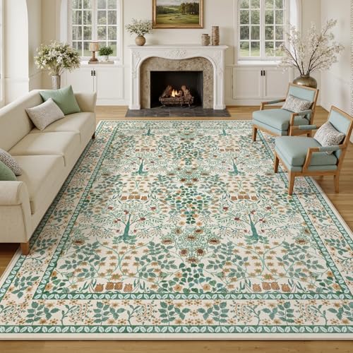 Wohnzimmerteppich, Blumenmuster, Vintage, Wald, waschbar, niedriger Flor, rutschfest, schmutzabweisend, Boho, weich, groß, für Schlafzimmer, Esszimmer, unter dem Tisch, Bauernhaus (2,9 x 30,5 cm Wohnzimmerteppich, Blumenmuster, Vintage, Wald, waschbar, niedriger Flor, rutschfest, schmutzabweisend, Boho, weich, groß, für Schlafzimmer, Esszimmer, unter dem Tisch, Bauernhaus (2,9 x 30,5 cm von Kiginara