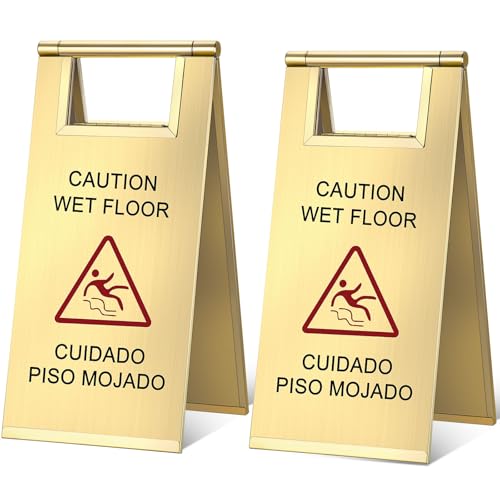 Kigley Schild mit Aufschrift "Wet Floor", Edelstahl, doppelseitig, tragbar, faltbar, zweisprachig, Sicherheitswarnung für Hotel, Markt, Toilette, Restaurant, Büro, Gold, 43,2 cm, 2 Stück von Kigley