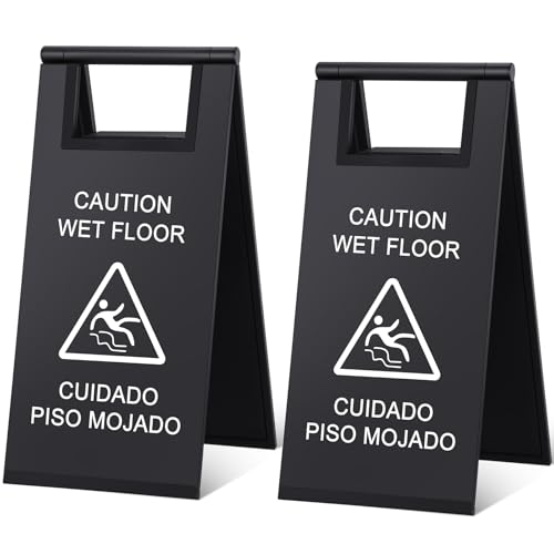 Kigley Schild mit Aufschrift "Wet Floor", Edelstahl, doppelseitig, tragbar, faltbar, zweisprachig, Sicherheitswarnung für Hotel, Markt, Toilette, Restaurant, Büro, Schwarz, 43,2 cm, 2 Stück von Kigley