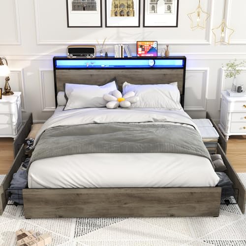 Kiivakii Bettrahmen in voller Größe mit Kopfteil, LED-Plattformbett mit 4 Schubladen, integrierte Ladestation, geräuschfrei, Metallstützfuß, kein Boxspringbett erforderlich, Grau von Kiivakii