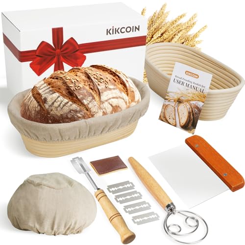 KIKCOIN Banneton Brotgärkorb, 25,4 cm, oval, Sauerteig-Brotbackzubehör, Sauerteig-Gärkörbchen, 2er-Set, Sauerteig-Starter-Kit mit Brotlame, Leineneinsatz, Metallschaber, Teigbesen von Kikcoin