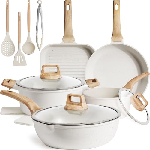Kikcoin 16-teiliges Topf- und Pfannenset, Antihaft-Keramik-Kochgeschirr-Set, Induktion, ungiftig, gesund, antihaftbeschichtet, mit Grillpfanne, Sautépfanne, Keramik, Weiß von Kikcoin
