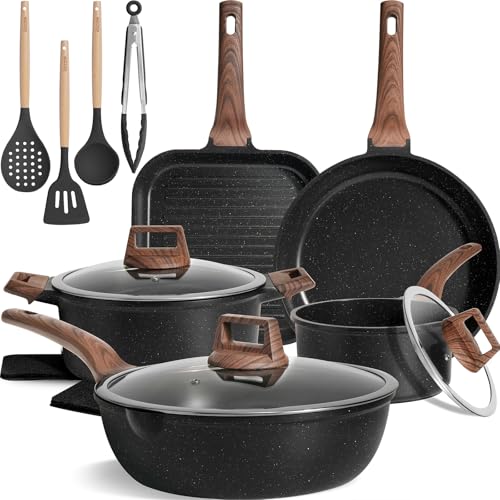 Kikcoin 16-teiliges Topf- und Pfannenset, Antihaft-Keramik-Kochgeschirr-Set, Induktion, ungiftig, gesund, antihaftbeschichtet, mit Grillpfanne, Sautépfanne, Schwarz von Kikcoin