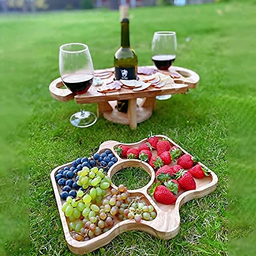 Holz Weintisch Outdoor Picknicktisch mit Weinglashalter, Tragbarer Outdoor Weintisch, Kreatives 2 in 1 Weinglasregal & Fachschale für Käse und Obst, Outdoor Weinregal Snackregal von Kikioo