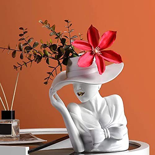 Nordic Style Human Head Abstract Flower Vase, Modern Lady Wearing Hat Succulents Statue Resin Flower Plant Pot, Home Decoration Living Room Decor von Kikioo