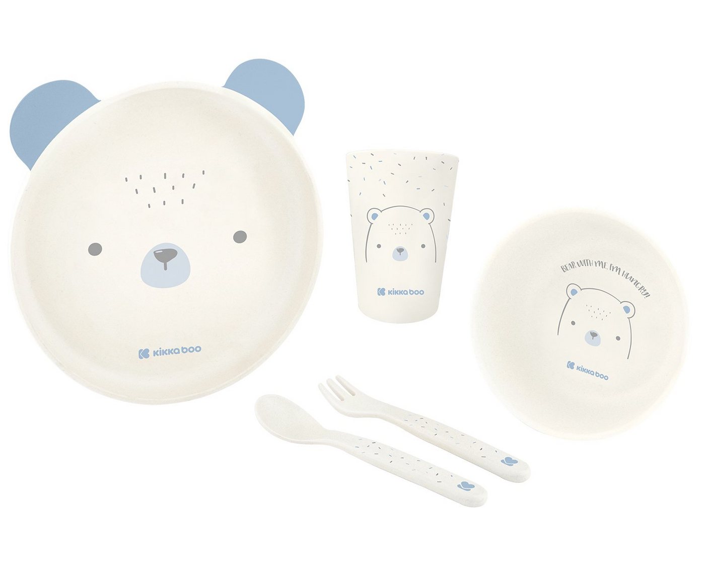 Kikkaboo Kunststoffteller Kindergeschirr Set Bear with me, 5-teilig, Tiermotiv, Schale, Besteck von Kikkaboo