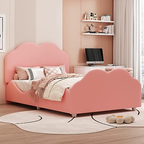 Bett 90x200 mit Lattenrost Kinder Mädchen 90 x 200 Einzelbett, Kinderbett, Form von Karton-Ohren, wolkenförmigem Kopf, mit Holz Lattenroste und Rückenlehne (Wolkenform, Rosa) von Kiko-ershaa