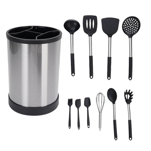 Kikumi Kochutensilien mit Rotierender Speichereimer Silikon Edelstahl Anti -Stick -Spatel Löffel Pinsel Whisk Nudel Server Laddle Set für Küche von Kikumi