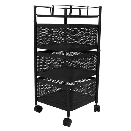 Kikumi Rotierende Lagerregal, Organizer mit Rollwagen mit Rädern, Rahmen des Kohlenstoffstahls, Maschendesign, Erhöhter Zaun, Obst -Gemüsespielzeugkosmetik (Schwarz 3 Tier) von Kikumi