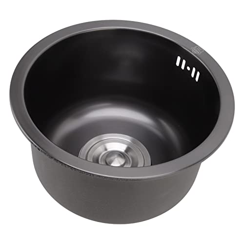 Runde Mini-Küchenspüle aus Edelstahl mit Einzelbecken und Abflusszubehör für zu Hause (Nano schwarzer Diamant) von Kikumi