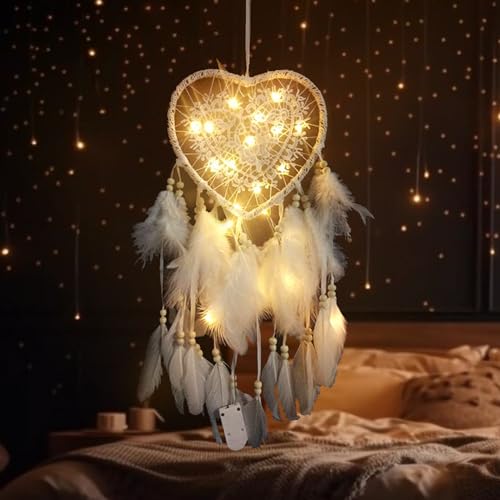 Kikuo Traumfänger Weiß Mädchen, Hollow-Out Heart Dreamcatcher mit Led String Lights, Handgemachte Dream Catchers Feder Wandbehang Dream Catcher für Mädchen Zimmer Deko Hochzeit Handwerk Geschenk von Kikuo