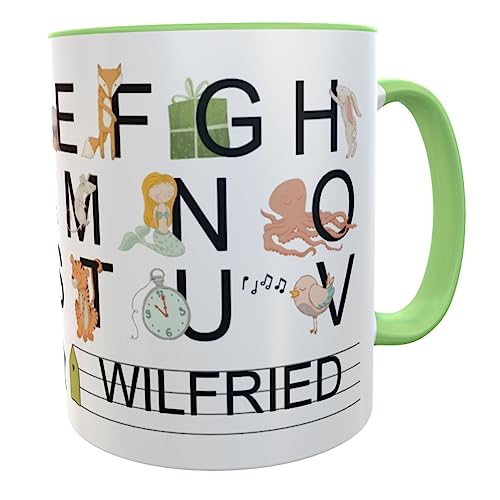 ABC Tasse Buchstaben Alphabet Schulkind mit Namen Geschenk Einschulung Zuckertüte lernen (grün) von Kilala