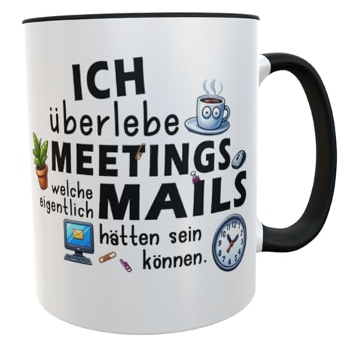 Büro-Kaffeebecher 'Meeting-Mails' – Hochwertige Keramik Tasse mit Humor, 300ml, Innen Schwarz, Perfekt für Bürohelden und Meeting-Geplagte von Kilala