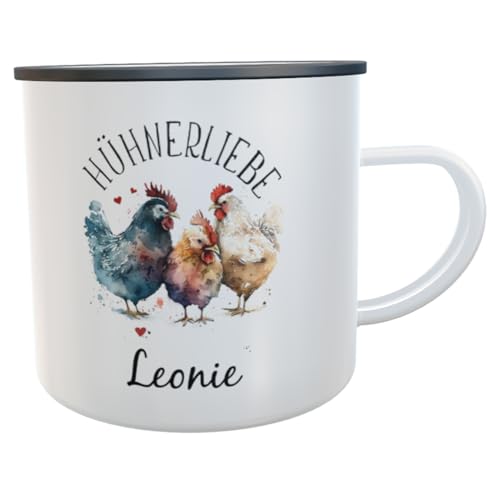 Emaille-Tasse Hühner Geschenk Dankeschön Eier Hühnerhof Kaffeebecher Huhn Leicht & Robust für Outdoor (Hühnerliebe aquarell mit Name) von Kilala