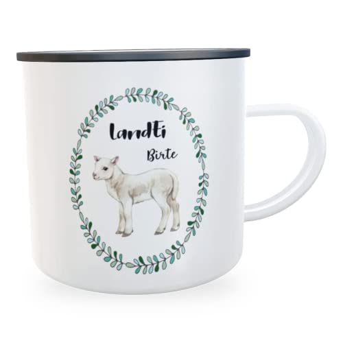 Emaillle-Tasse Lamm Lämmchen Schäfchen Geschenk Dorfkind Kaffeetasse Landhausstil Vintage (Lamm) von Kilala