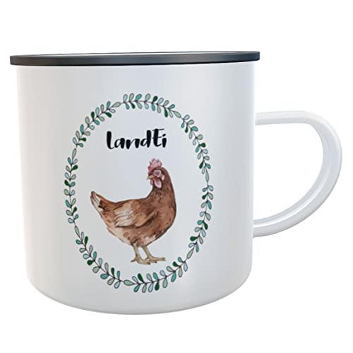 Emaillle-Tasse LandEi Huhn Geschenk für Dorkinder Bäuerin Kaffeetasse (LandEi Hühner Aquarell) von Kilala