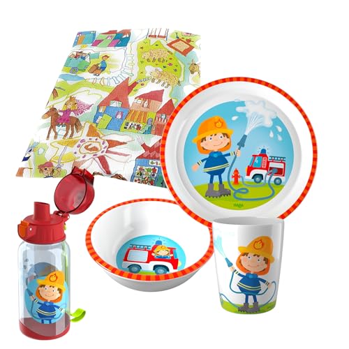 Haba Geschirrset Traktor Melamin Kindergeschirr Geschenkset (Feuerwehr mit Trinklasche) von Kilala