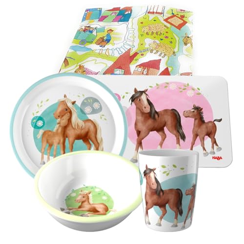 Haba Pferde Melamin-Geschirr Geschenkset Taufe 1.Geburtstag Kindergeschirr Mädchen (4-teilig) von Kilala