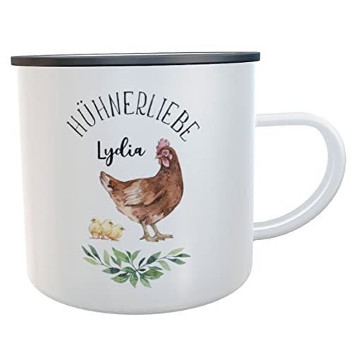 Hühner EmailleBecher Huhn Emaille Bleck Vintage Becher Geschenk für Hühner-Hof Hühnerzüchter Mädchen Frauen Kinder (Hühnerliebe mit Namen) von Kilala