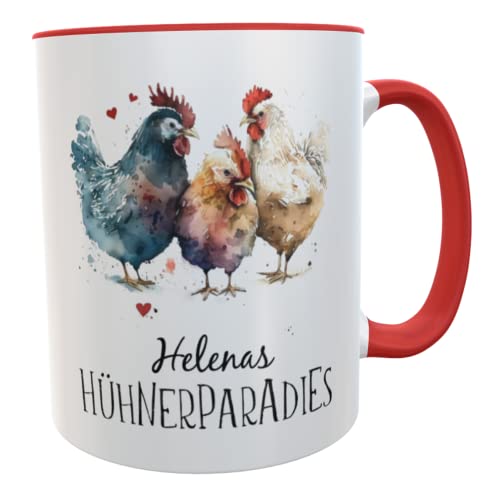 Hühner Kaffeebecher mit Namen Hühnerbecher aquarell Geschenk für Hühnerhof-Fans Mädchen Frauen Kinder (Hühnerparadies rot) von Kilala