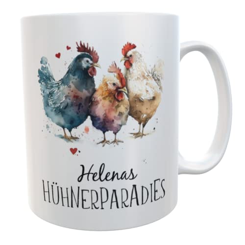Hühner Kaffeebecher mit Namen Hühnerbecher aquarell Geschenk für Hühnerhof-Fans Mädchen Frauen Kinder (Hühnerparadies weiß) von Kilala