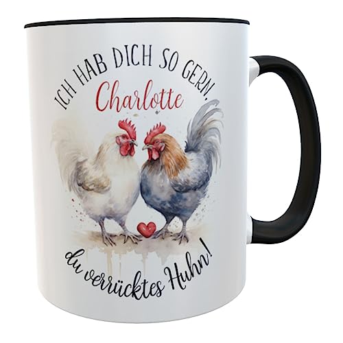 Hühner Kaffeetasse mit Namen Hühnerbecher aquarell Geschenk für Hühnerhof-Fans Mädchen Frauen Kinder (verrücktes Huhn schwarz) von Kilala