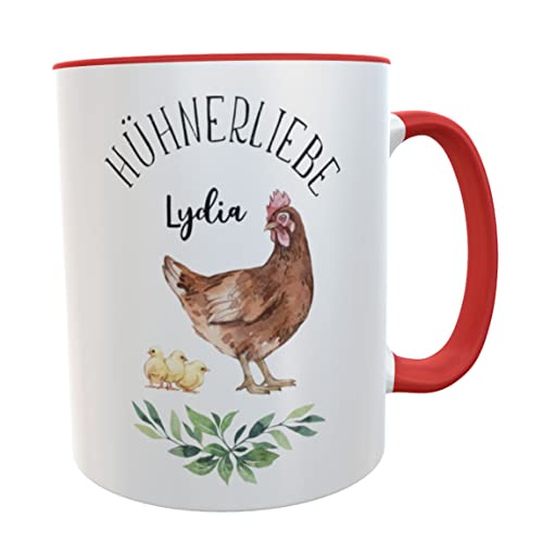 Hühner Tasse mit Namen Hühnerbecher Geschenk für Hühnerliebhaber Eierfrau Mädchen Frauen Kinder (Hühnerliebe rot mit Hühner) von Kilala