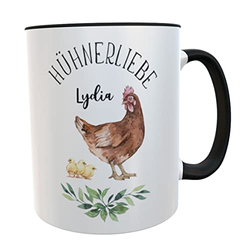 Hühner Tasse mit Namen Hühnerbecher aquarell Geschenk für Hühnerhof-Fans Mädchen Frauen Kinder (Hühnerliebe schwarz mit Namen) von Kilala