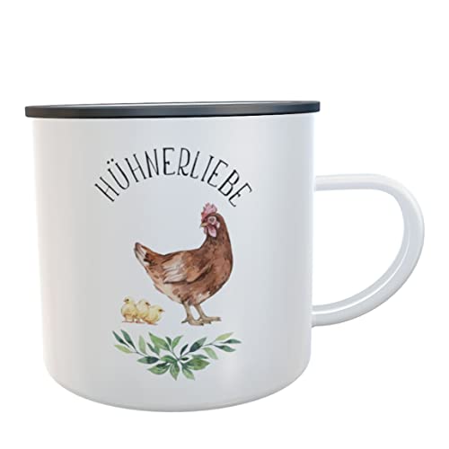 Hühner Tasse Huhn Emaille Blechtasse Vintage Becher Geschenk für Hühner-Hof Hühnerzüchter Mädchen Frauen Kinder (Hühnerliebe) von Kilala