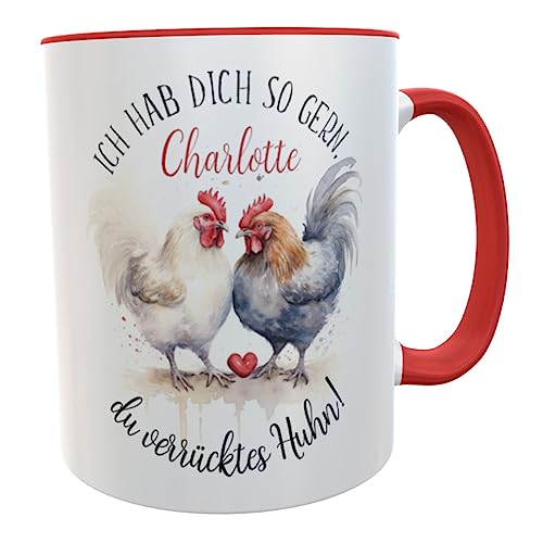 Hühner Tasse mit Spruch Ich hab dich so gern... mit Namen Hühnerbecher aquarell Geschenk für Hühnerhof-Fans Mädchen Frauen Kinder (verrücktes Huhn rot) von Kilala