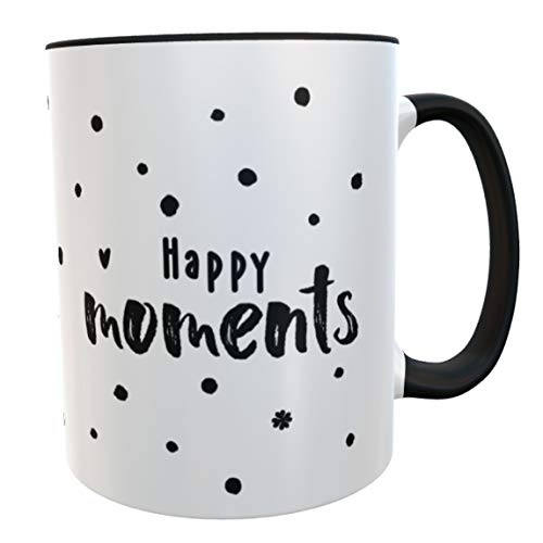 Kilala Kaffeetasse Happy Moments mit Herz und Kleeblatt, schwarz, Tasse für Freunde, Partner, Verlobte, Kaffeebecher Geschenk von Kilala