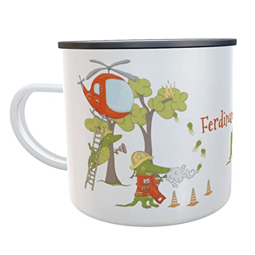 Kindergarten Tasse Feuerwehr Kokodil mit Namen Emaille-Becher Geschenk Kinder (Feuerwehr Krokodil) von Kilala