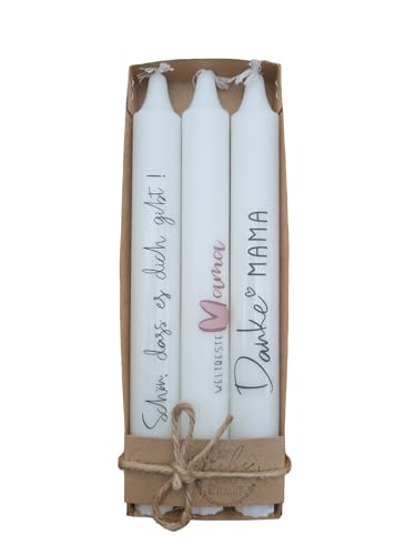 Kilala Stabkerzen Muttertag, Geschenk für Mama und Oma, Weiß, mit Sprüchen 'Schön, dass es dich gibt!', 'Danke Mama', 3er Set, Dekoration für Geburtstagsfeiern von Kilala