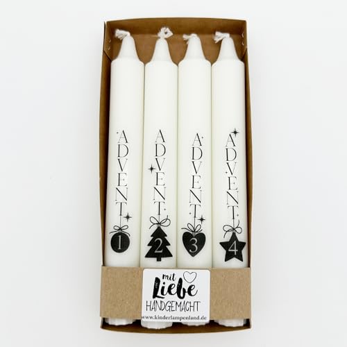Kilala Stabkerzen mit Weihnachtsspruch, Adventskerzen Set, Weiß, Zahlenmotiven 1-4, Handgemacht, Mit Liebe, Perfekte Weihnachtsdeko, Geschenkidee, Bunte Sprüche, Hochwertige Qualität von Kilala