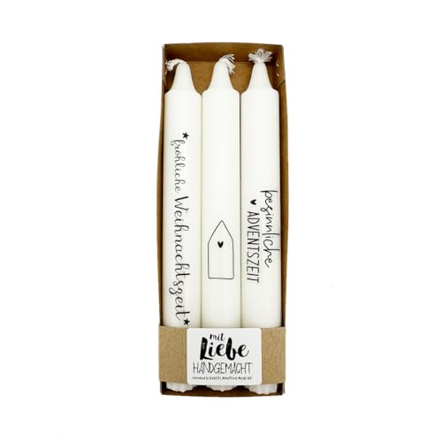 Kilala Stabkerzen mit Weihnachtsspruch, Adventskerzen Set, Weiß mit Sprüchen und Hausmotiv, Handgefertigt, Perfekte Weihnachtsdekoration von Kilala