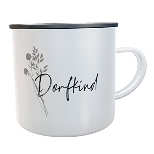 Tasse Dorfkind Emaille-Becher Dorfbub Dorfmädel Kaffeetasse mit Spruch Emailletasse Dorfkinder Blechtasse (grau/schwarz) von Kilala