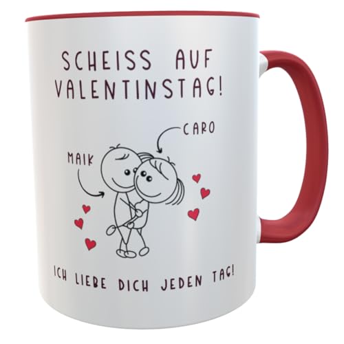 Tasse Geschenk Valentinstag 2024 Strichmännchen und Spruch - Personalisiert für Paare Liebeserklärung (Spruch Scheiss ... mit Namen rot) von Kilala