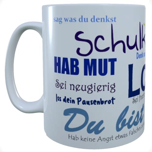 Tasse Schulkind 2023 mit Mutmachsprüchen personalisierts Geschenk zur Einschulung Befüllung Schultüte (blau) von Kilala