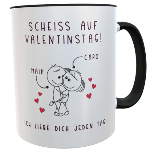 Tasse mit Strichmännchen-Motiv und Spruch Scheiß auf Valentinstag, ich liebe dich jeden Tag! - personalisiert mit Namen (Spruch Scheiss...mit Namen) von Kilala