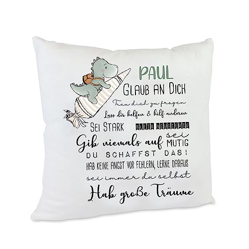 personalisiertes Kissen Geschenk zur Einschulung mit Namen des Erstklässlers Einschulungsgeschenk Jungen (Dino Schultüte Jungen) von Kilala