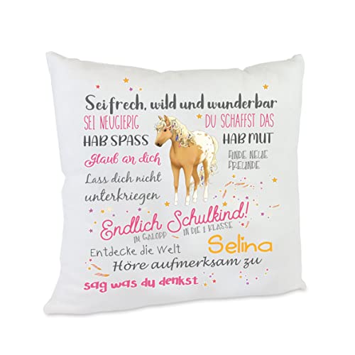 personalisiertes Kissen Geschenk zur Einschulung mit Namen des Erstklässlers Einschulungsgeschenk für Mädchen und Jungen (Pferd beige) von Kilala